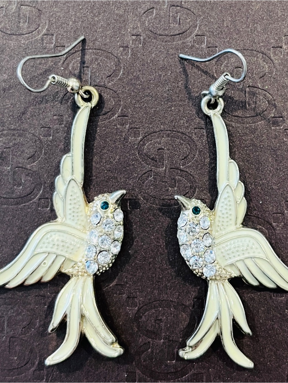 Whimsical Cream Enamel Bird Dangle Earrings Rhinestone Accents